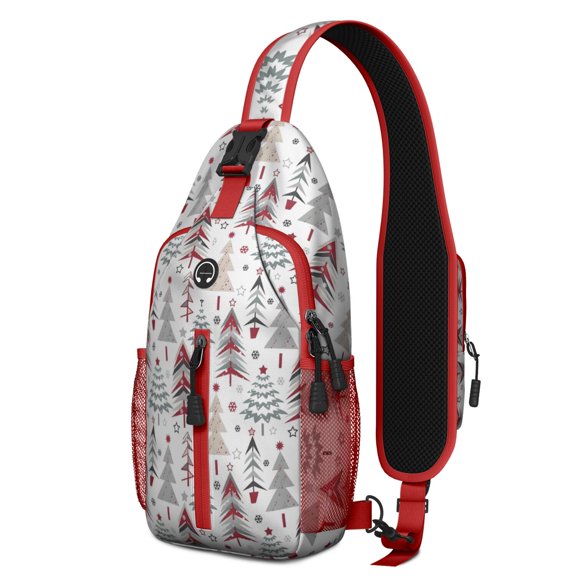 Sling Backpack,White Christmas Tree Pattern Crossbody Bag with Water Bottle Holder,Waterproof Sling Bag for Men/Women with Chest Phone Holder for Hiking,Travel