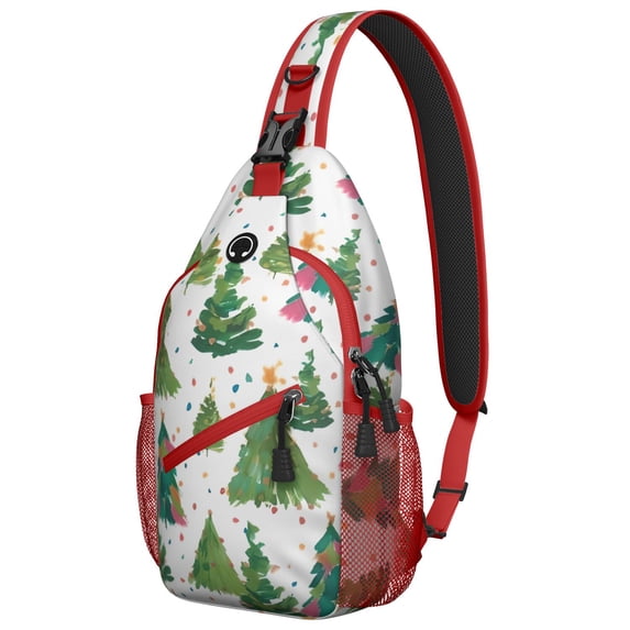 Sling Backpack,White Christmas Watercolor Tree Pattern Sling Bag with Water Bottle Holder,Waterproof Sling Bag for Men/Women with Headphone Jack for Hiking,Travel
