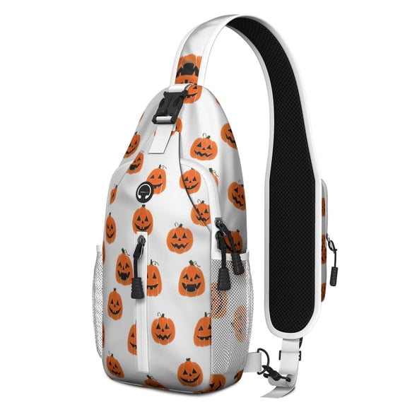 Sling Backpack,White Halloween Pumpkins Crossbody Bag with Water Bottle Holder,Waterproof Sling Bag for Men/Women with Chest Phone Holder for Hiking,Travel