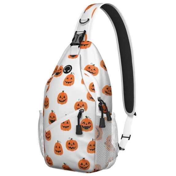Sling Backpack,White Halloween Pumpkins Sling Bag with Water Bottle Holder,Waterproof Sling Bag for Men/Women with Headphone Jack for Hiking,Travel