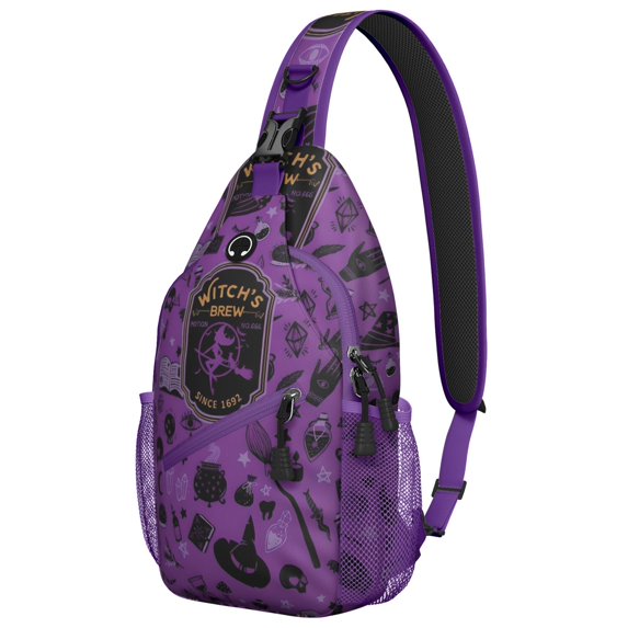 Sling Backpack,Witch's Brew Halloween Pattern Sling Bag with Water Bottle Holder,Waterproof Sling Bag for Men/Women with Headphone Jack for Hiking,Travel