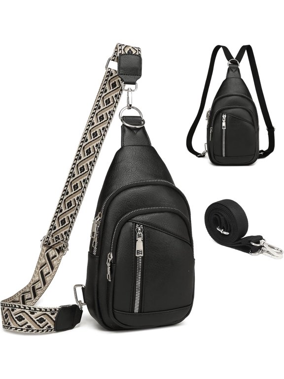 Sling Bag Crossbody Backpack - 2 in 1 Leather Cross Body Bag Fanny Pack with 2 Removable Straps
