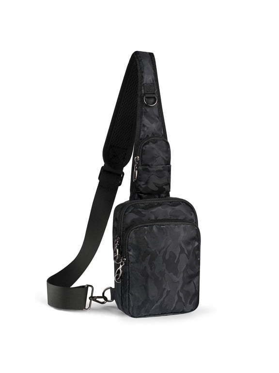 Anti-Theft Zipper Sling Crossbody Bag, Rfid Blocking, Water Resistant, 1.5L, Unisex, Camouflage Black