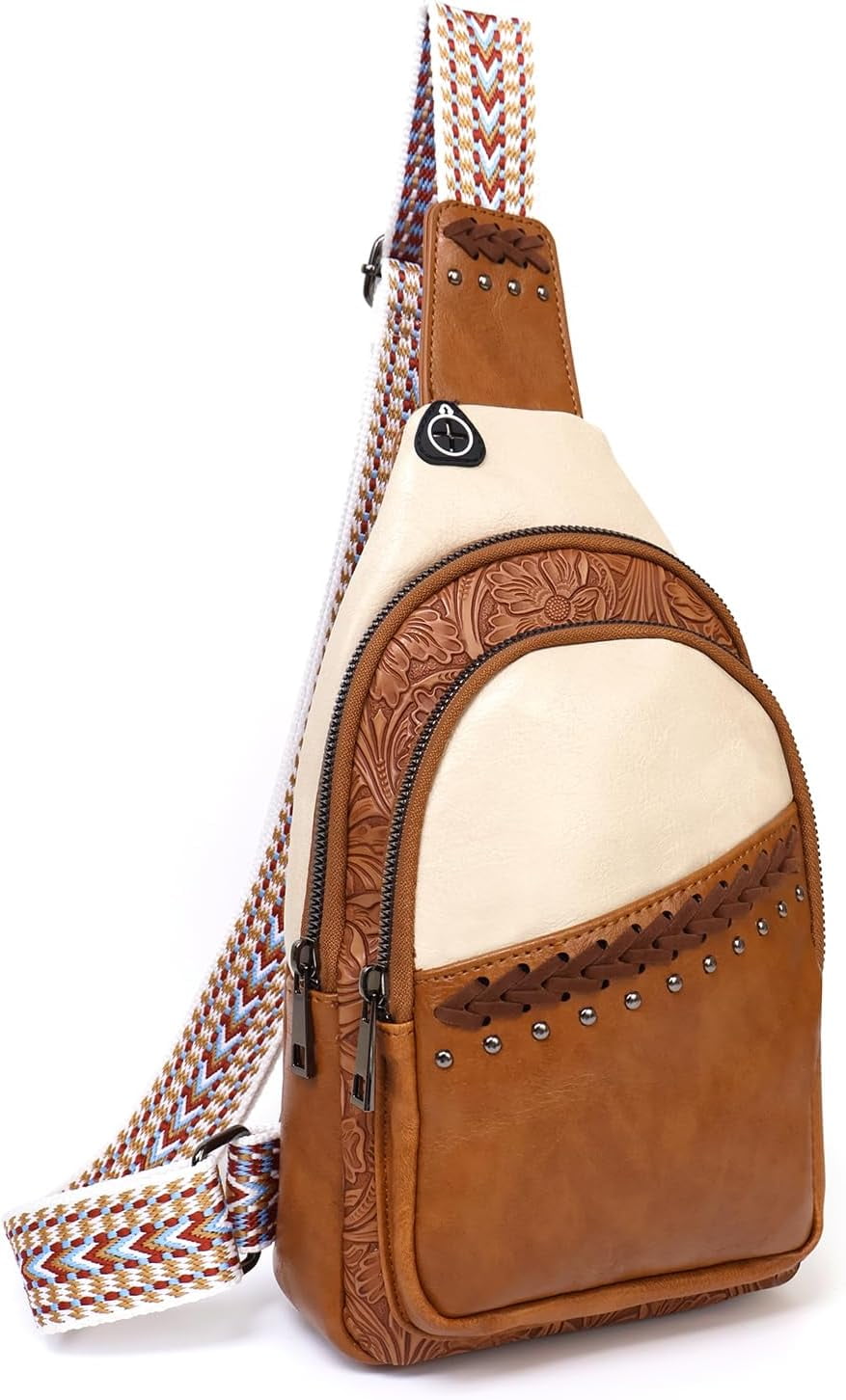 Sling Bag Crossbody Bags for women, Vintage Leather Fanny Pack for Men with Zipper, Adjustable Guitar Strap Anti Theft Crossbody Purse Travel(Brown)