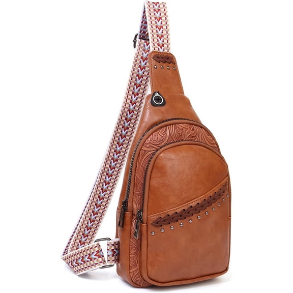 Sling Bag Crossbody Bags for women, Vintage Leather Fanny Pack for Men with Zipper, Adjustable Guitar Strap Anti Theft Crossbody Purse Travel(Brown)