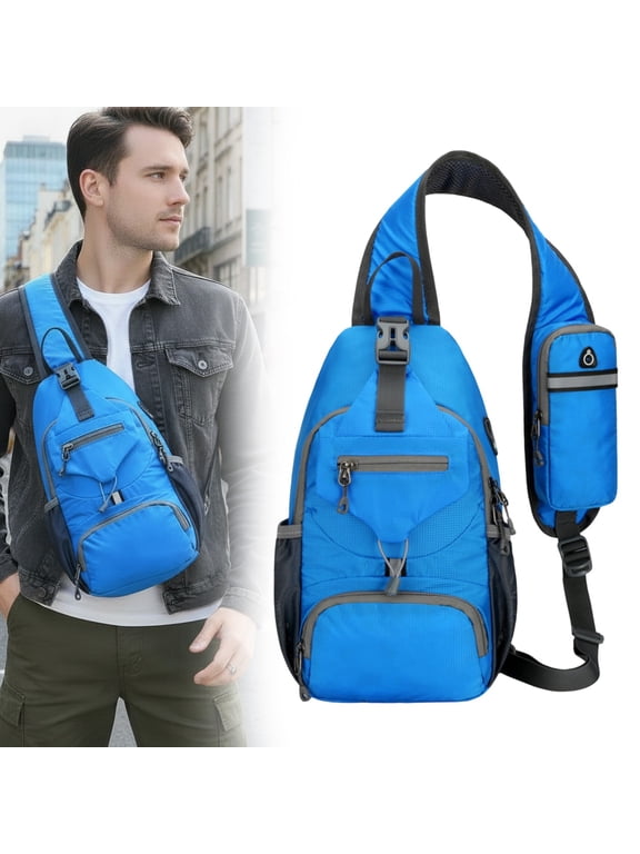 Sling Bag for Men 17in Blue, RFID Blocking Crossbody Backpack with USB Port, Water Resistant Chest Pack for Travel Hiking Cycling, Multi-Pocket Shoulder Bag for Daily Commute