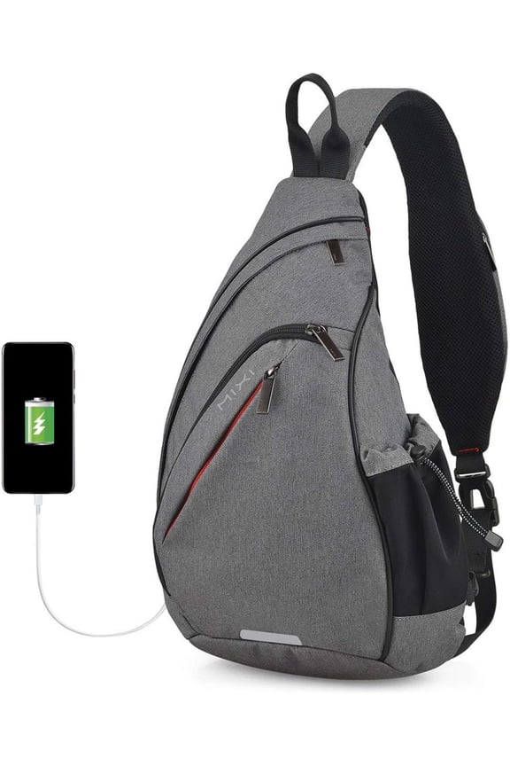 Sling Bag Men Backpack Unisex One  Bag Hiking Travel Backpack Crossbody with USB Port for Men Women Versatile Casual Daypack-17 inch,Gery