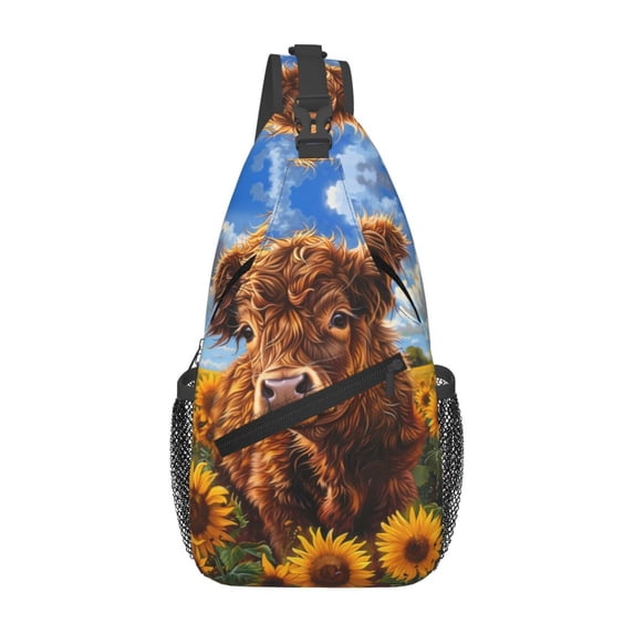 Sling Bag for Men, Cloud Sky Sunflower Cow Fanny Pack Crossbody Bags Shoulder Chest Bag, Small Gym Bag Anti Theft Crossbody Backpack Daypack for Travel Sports Running Hiking