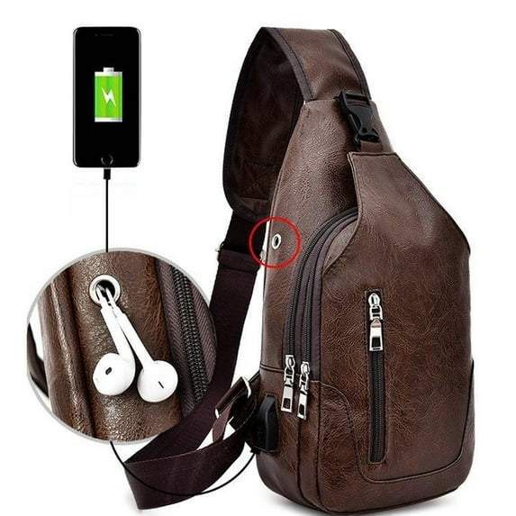 Sling Bag for Men, Crossbody Bags for Men, PU Leather + Polyester Lining Waterproof Small Sling Backpack with USB Charge Port and Headphone Hole, Brown