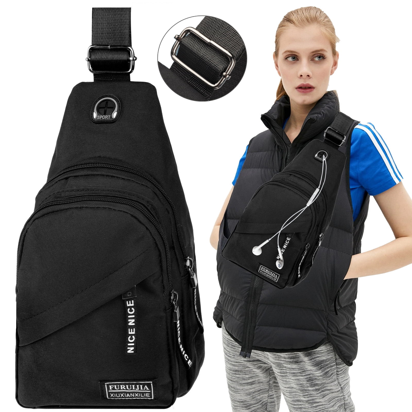 Mens Leather Sling Bag Crossbody Chest Bag Shoulder Bag Backpack Hiking  Travel