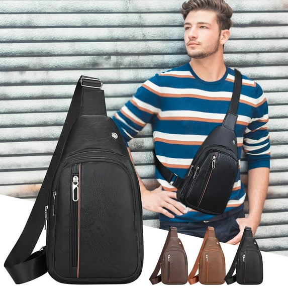 Sling Bag for Men, Trendy Crossbody Bag with Adjustable Shoulder Straps, Leather Small Sling Backpack Outdoor Chest Bag with Multiple Compartments for Travel Camping(Black)