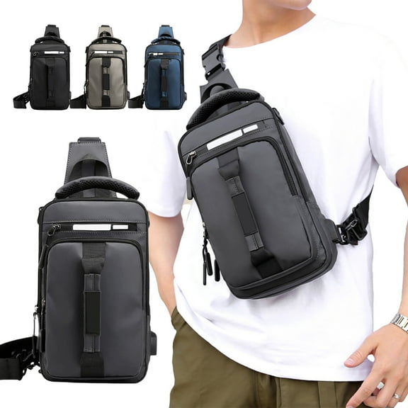 Sling Bag Shoulder Backpack for Men Women | Compact Crossbody Chest Daypack with Earphone Hole | Lightweight Durable Polyester | Fits 7.9" Tablet | Outdoor Hiking Camping Trips | Blue Khaki Gray