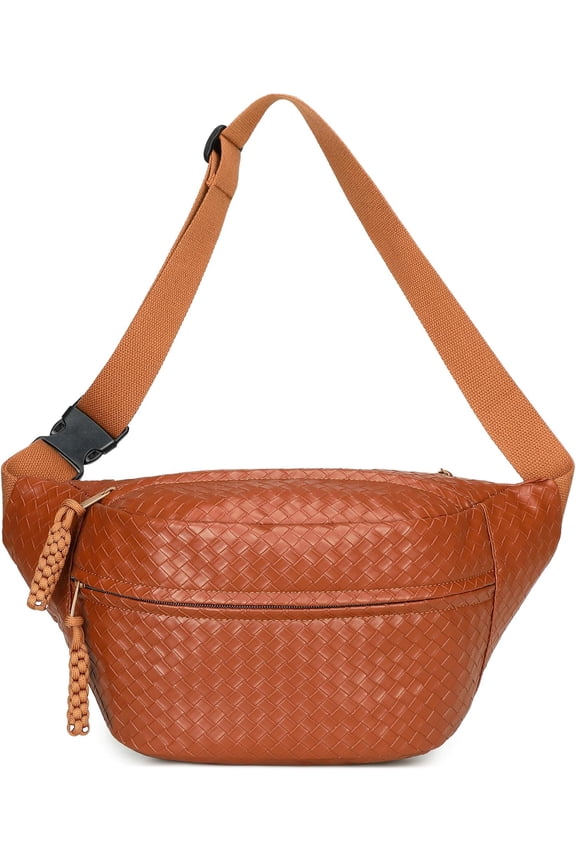Sling Bag for Women Men,Woven Leather Fashionable Fanny Pack Crossbody Bags with Adjustable Strap Chest Packs for Travel Cycling Work Hiking Gym,Large-Brown