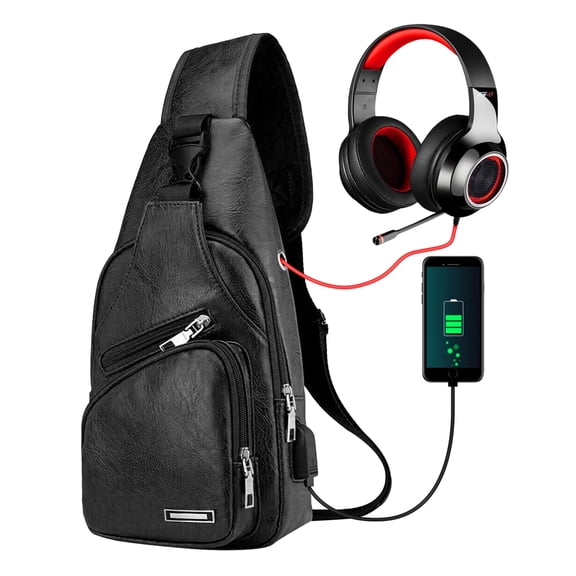 Sling Bag for Men, Oxford Cloth Shoulder Backpack, Waterproof Chest Bag with USB Charging Port for Travel, Hiking