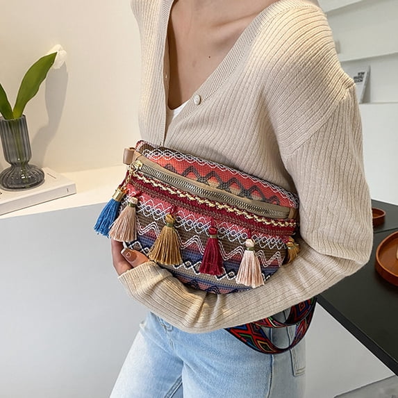 Sling Bags for Women Crossbody Traditional Fringe Woven Shoulder Bag-Women's Ethnic Waist Pack Tribal Print Crossbody Purse Chest Bag Crossbody Bags for Women