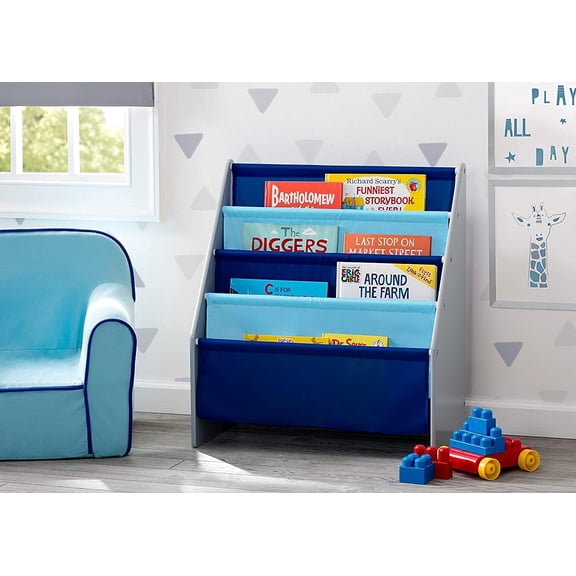 Sling Book Rack Bookshelf Grey/Blue and Spider Man Toy Organizer with Engineered Wood Bins