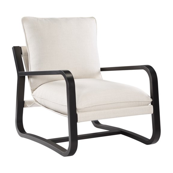 Sling Chair, Oatmeal Fabric Upholstery, Bronze Powder Coated Metal Frame, 100% Polyester Cushions, Reversible Design