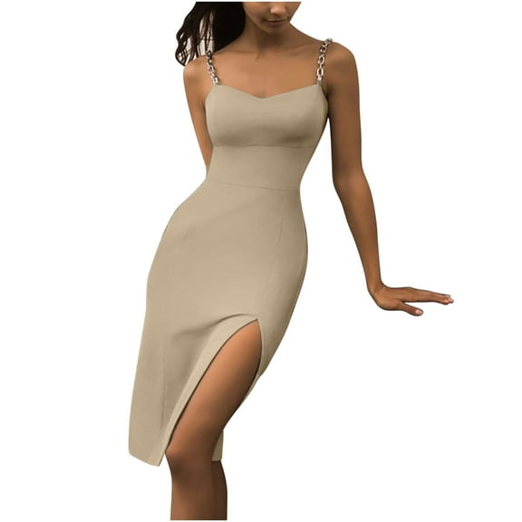 Sling Dress Womens Trendy Metal Strap Cami Midi Dresses with Slit Sleeveless FItted Formal Party Evening Gown