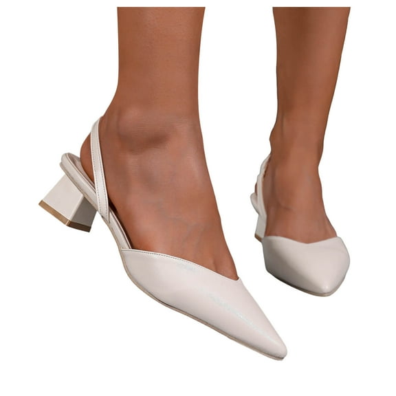 Slingback Dress Shoes for Women White 2025 Summer Fall Leather Pointed Toe Chunky Mid Heels Dressy Sandals
