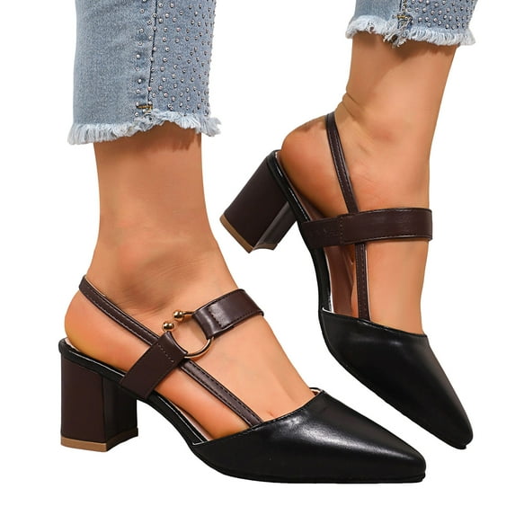 Slingback Heels for Women Pointed Toe Sandals Fashion Buckle Strap Summer Dress Shoes Block Heel Pumps Shoes Black Size 6.5