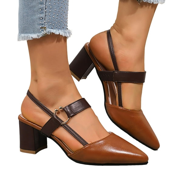 Slingback Heels for Women Pointed Toe Sandals Fashion Buckle Strap Summer Dress Shoes Block Heel Pumps Shoes Brown Size 8