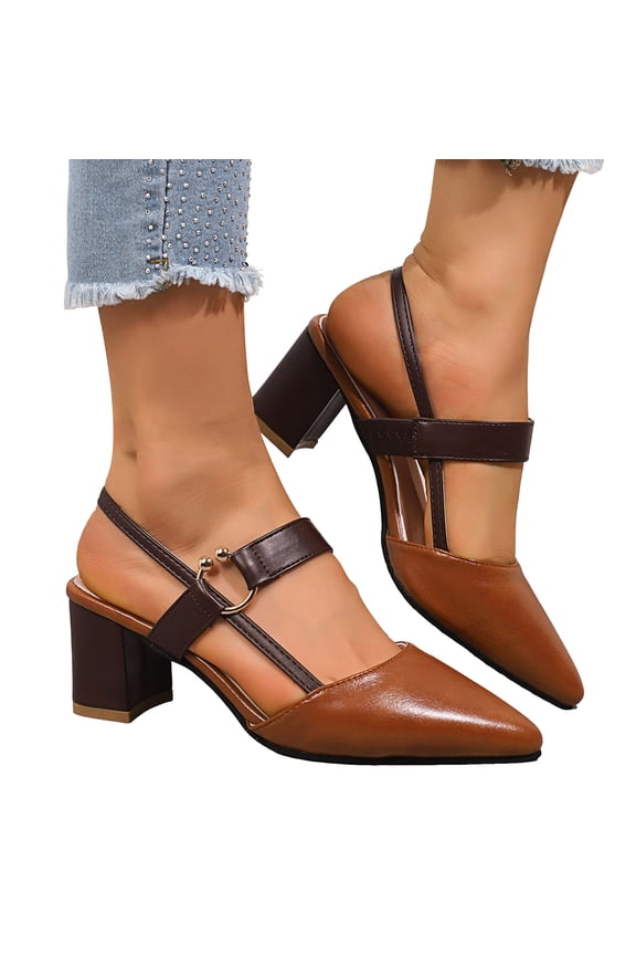 Slingback Heels for Women Pointed Toe Sandals Fashion Buckle Strap Summer Dress Shoes Block Heel Pumps Shoes Brown Size 8
