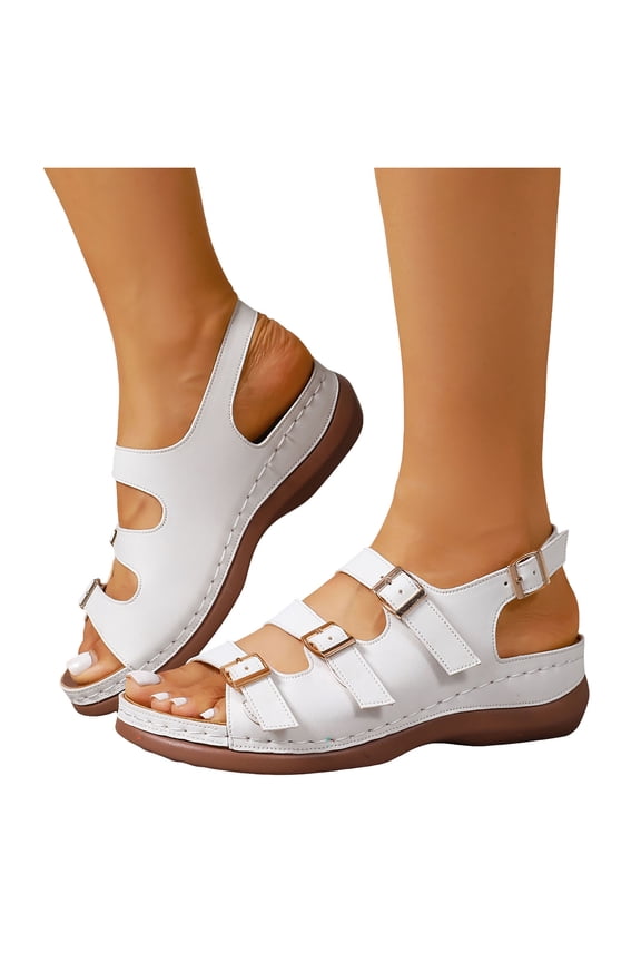 Slingback Sandals for Women Buckle Strappy Orthopedic Shoes Platform Low Wedge Summer Beach Vacation Walking Shoes White Size 9.5