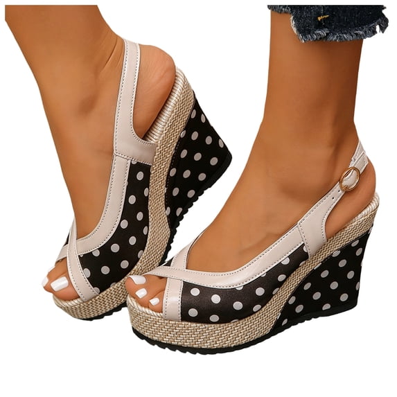 Slingback Wedges Heels for Women Peep Toe Platform Sandals Color Block Casual HIgh Heels Ladies Outdoor Summer Dress Shoes Black Size 6.5