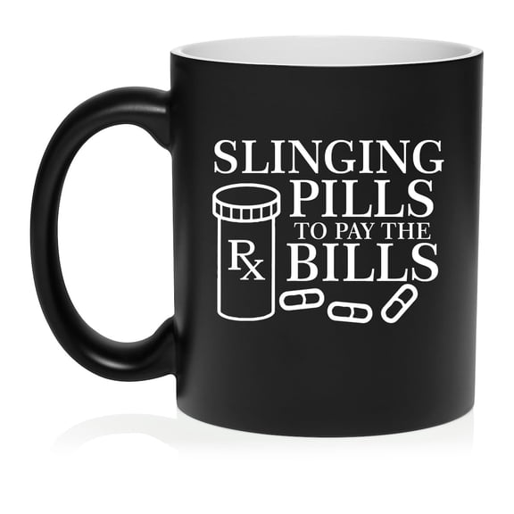 Slinging Pills To Pay The Bills Funny Pharmacist Pharmacy Tech Gift Ceramic Coffee Mug Tea Cup Gift for Her, Him, Friend, Coworker, Wife, Husband (11oz Matte Black)