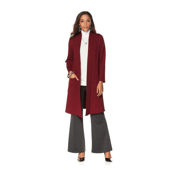 Slinky Brand Long-Sleeve Ponte Duster in Burgundy, XS