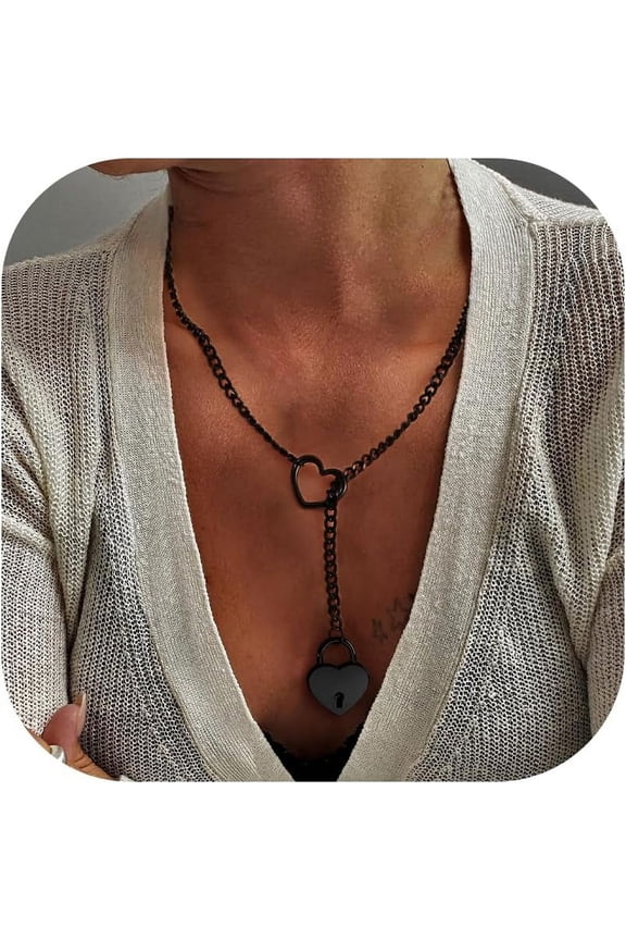 Slip Chain Necklace - Heart Silp Chain Necklace for Women Men Long Cuban Y-shape Necklace Adjustable Punk Rock Choker Necklace Lariat Necklace Heart O Ring Slip Chain Necklace 24inch