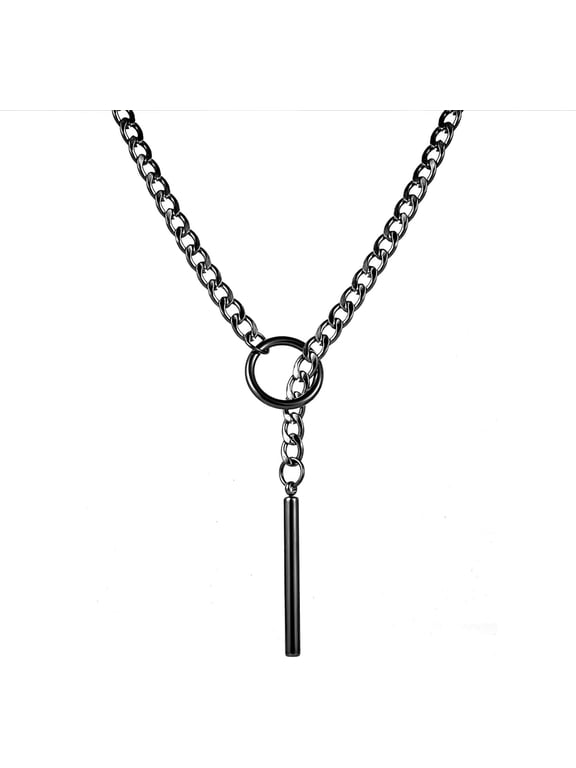 Slip Chain Necklace for Women Men Stainless Steel Cuban Link Long Necklace with Bar Pendant Punk Rock Collar Choker Adjustable Necklaces