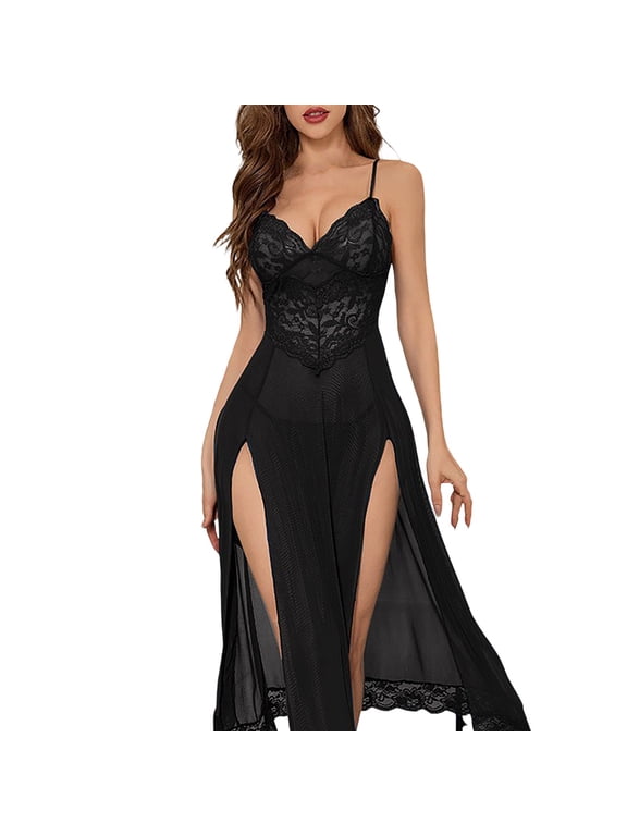 Slip Dress for Women Long Sheer Slip Dress with Deep V Neck Front Opening Flowing Skirt And Slim Straps Sleepwear for Women