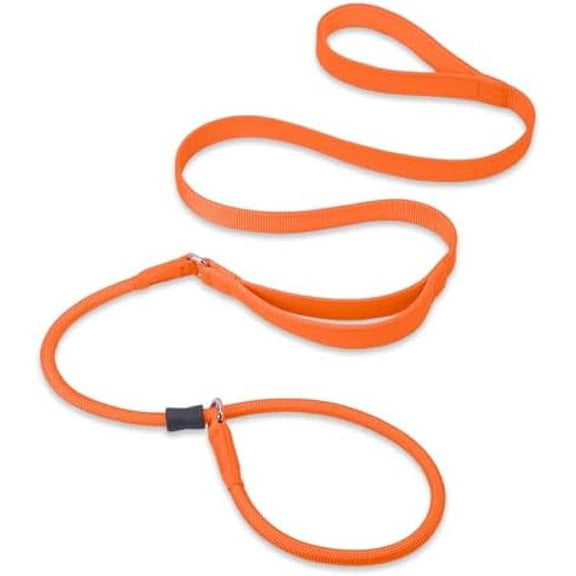 Slip Lead Dog Leash, Double Handle, Soft Leather, Heavy Duty Nylon, No Pull Walking, Medium Large Small Dogs, 5ft Orange