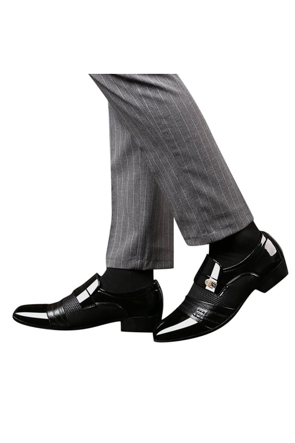 Slip On Business Patent Leather Shoes for Men Chunky Low Heel Pointede Toe Non Slip Dress Loafers