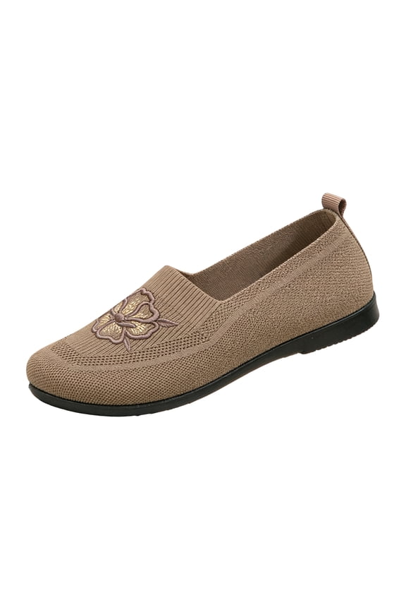 Slip‑On Fly‑Knit Shoes For Women Hollow‑Out Golden Floral Embroidered Flat Shoes Breathable Walking Non‑Slip Soft Sole Loafers Comfortable Outdoor Sports Shoes Running Shoes