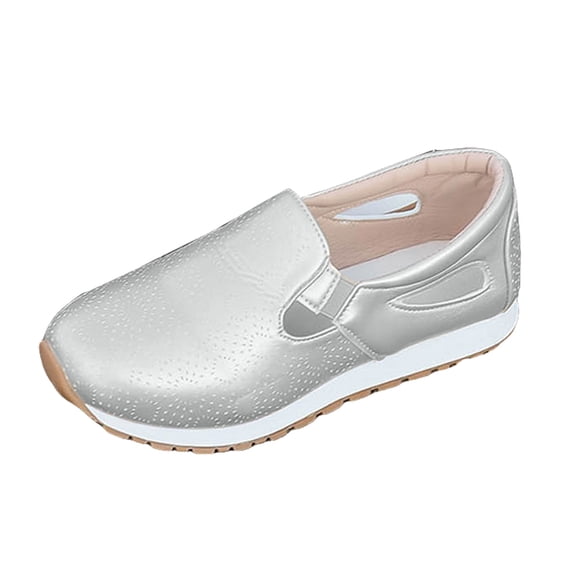 Slip On Hollow Out Loafers for Women Platform Leather Dress Shoes Classic Low Wedge Non Slip Walking Shoes Silver Size 9