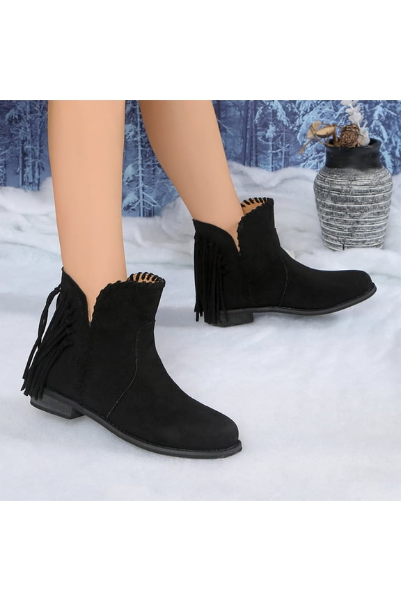 Slip On Round Toe Suede Ankle Boots Flat Heel Fringe Retro Casual Booties For Everyday Comfort And Stylish Wear