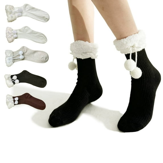LDU Women's Slipper Socks with Fuzzy Pom-Pom Ribbed Cuff, Plush Fleece Lined Thermal Winter Socks, 6 Pairs