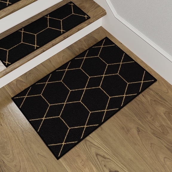 Slip-Resistant, Non-Adhesive, Durable, Stain-Resistant, Washable 20x32 in. Mat to Enhance Safety, Protect and Reduce Noise, Black and Gold Contemporary Geometric Design