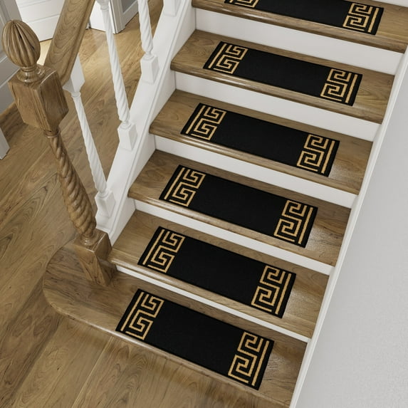 Slip-Resistant, Non-Adhesive, Durable, Stain-Resistant, Washable 8.5x26 in. Stair Treads to Enhance Safety, Protect Stairs, and Reduce Noise. Black and Gold Contemporary Greek Key Design, Set of 7