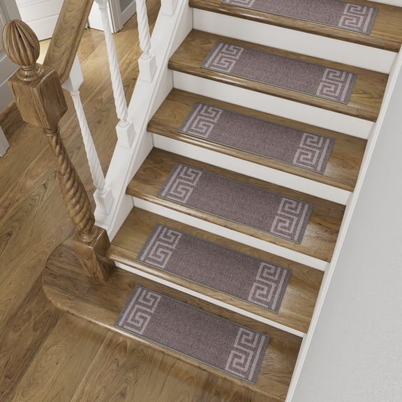 Slip-Resistant, Non-Adhesive, Durable, Stain-Resistant, Washable 8.5x26 in. Stair Treads to Enhance Safety, Protect Stairs, and Reduce Noise. Gray Contemporary Greek Key Design, Set of 13