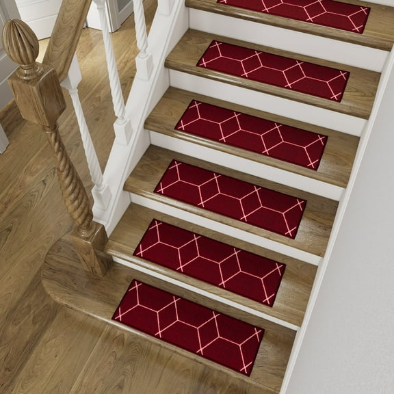 Slip-Resistant, Non-Adhesive, Durable, Stain-Resistant, Washable 8.5x26 in. Stair Treads to Enhance Safety, Protect Stairs, and Reduce Noise. Red and White Contemporary Geometric Design, Set of 7
