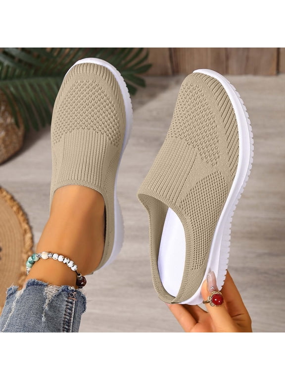 Slip On Shoes Women,Backless Sneakers for Women,Backless Sneakers,Women Mules Shoes Slip On,Mule Slippers for Women,Womens Backless Sneakers Mesh Slip-on Mule Shoes Breathable Slippers,Beige,6