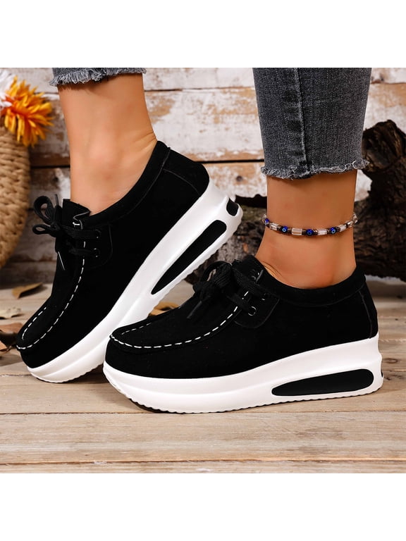 Slip On Shoes Women, Wide Toe Box Shoes Women, Platform Wedge Sneakers for Women, Women's Fashion Lace-Up Sneakers Round Toe Comfort Suede Wide Loafers Moccasins, Black US-8/EU-41
