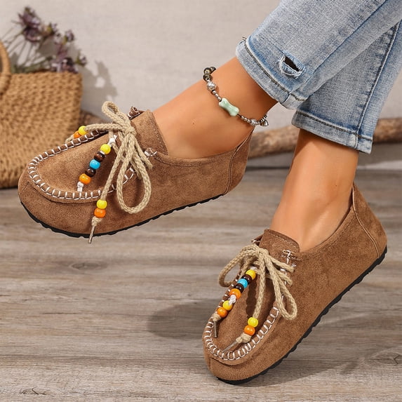 Slip On Shoes Women, Wide Toe Box Shoes Women, Suede Moccasins Loafers for Women With Beaded Fashion Comfortable Round Toe Slip On Flats Daily Work Walking Shoes, Camel US-5.5/EU-36