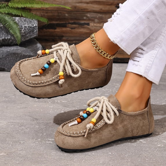 Slip On Shoes Women, Wide Toe Box Shoes Women, Suede Moccasins Loafers for Women With Beaded Fashion Comfortable Round Toe Slip On Flats Daily Work Walking Shoes, Khaki US-8.5/EU-42