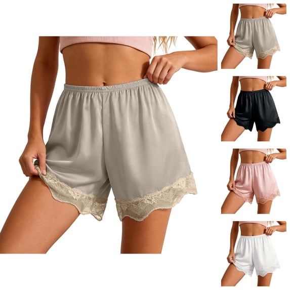 Shorts Culotte for Women Elastic Waist Satin Lace Hem Loose Fit Lightweight Pettipants Pajama Shorts