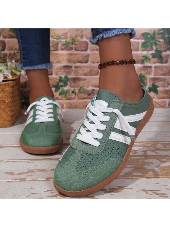 Slip on Sneakers Womens Backless Lace Up Flat Mules Comfortable Round Toe Walking Shoes Casual Lightweight Daily Sneakers Breathable Shopping Office Wear