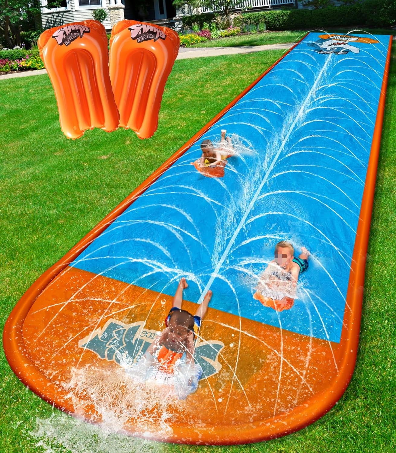 Slip Water Slide, 17ftx3 Lane Slip Water Slide for Kids Backyard Lawn,Summer Water Toys Outdoor Sprinkler with 3 Sliding Racing Lanes and 3 Inflatable Bodyboards